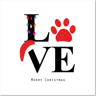 Love text with paw print and colorful light bulb.merry christmas Posters and Art